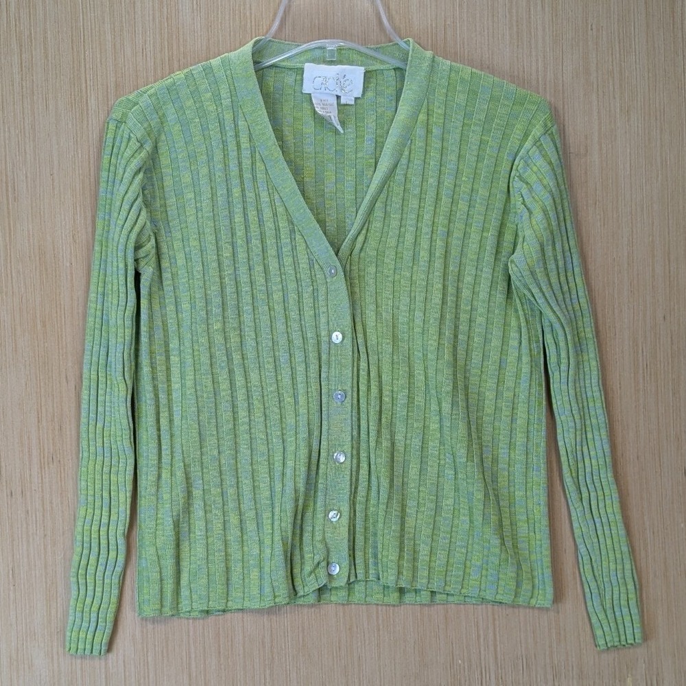 Vintage Cache Women 90s Y2K Ribbed 100% Silk Cardigan Sweater Size L Green Blue